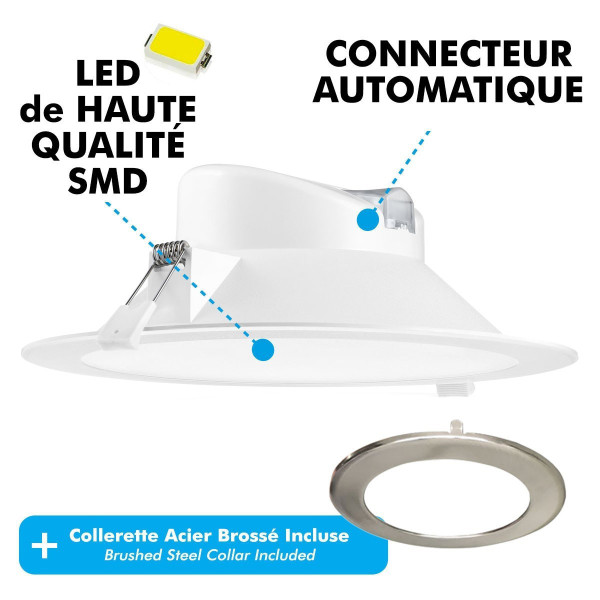 Spot LED Encastrable 25 Watts Wave Eq 180W  IP44 + Collerette Acier Brossé