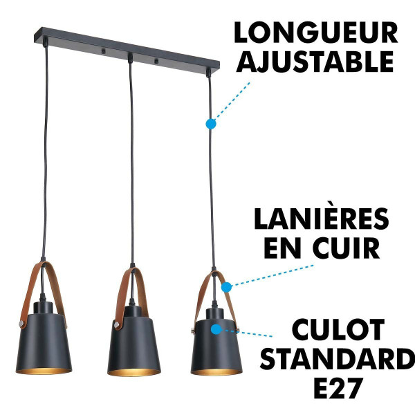 Luminaire suspension en Métal noir et lanière cuir 3 E27 RICHMOND