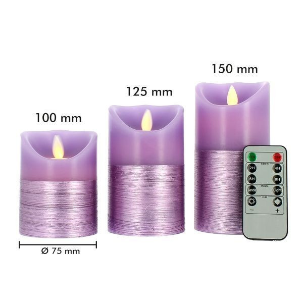 Lot de 3 bougies violettes Flamme Vacillante avec Télécommande