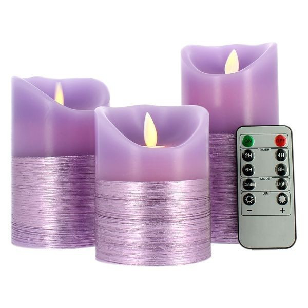 Lot de 3 bougies Violettes Flamme Vacillante blanc chaud avec
