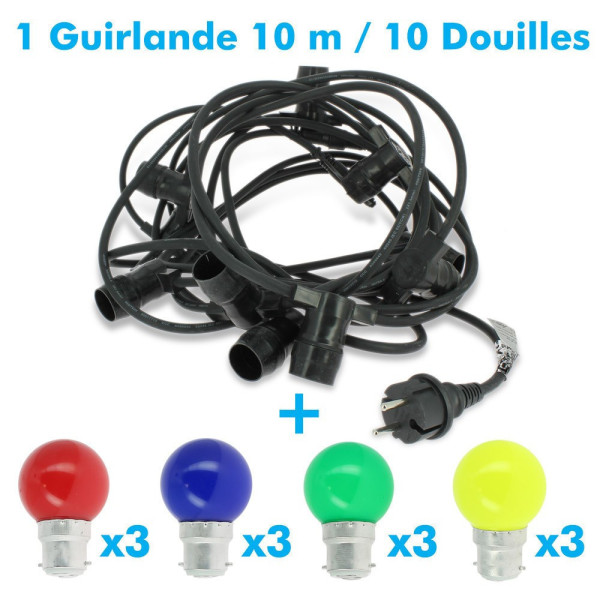 Guirlande Guinguette 10 Culots E27 10 mètres Interconnectable + 12 Ampoules LED E27 1W Couleurs